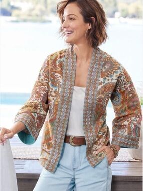 Soft Surroundings Verrado Teal and Rust Paisley Open tapestry Kimono